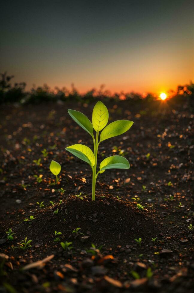 Green sprouts in dark soil against a blurred background symbolize growth and potential with the beautiful sunset. AI generated. photo