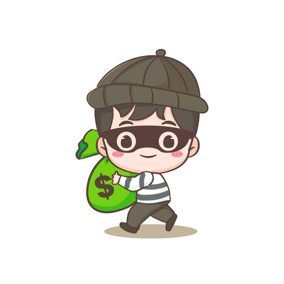 Cute thief stealing money cartoon character. Robber concept design isolated background. Adorable chibi vector art illustration.