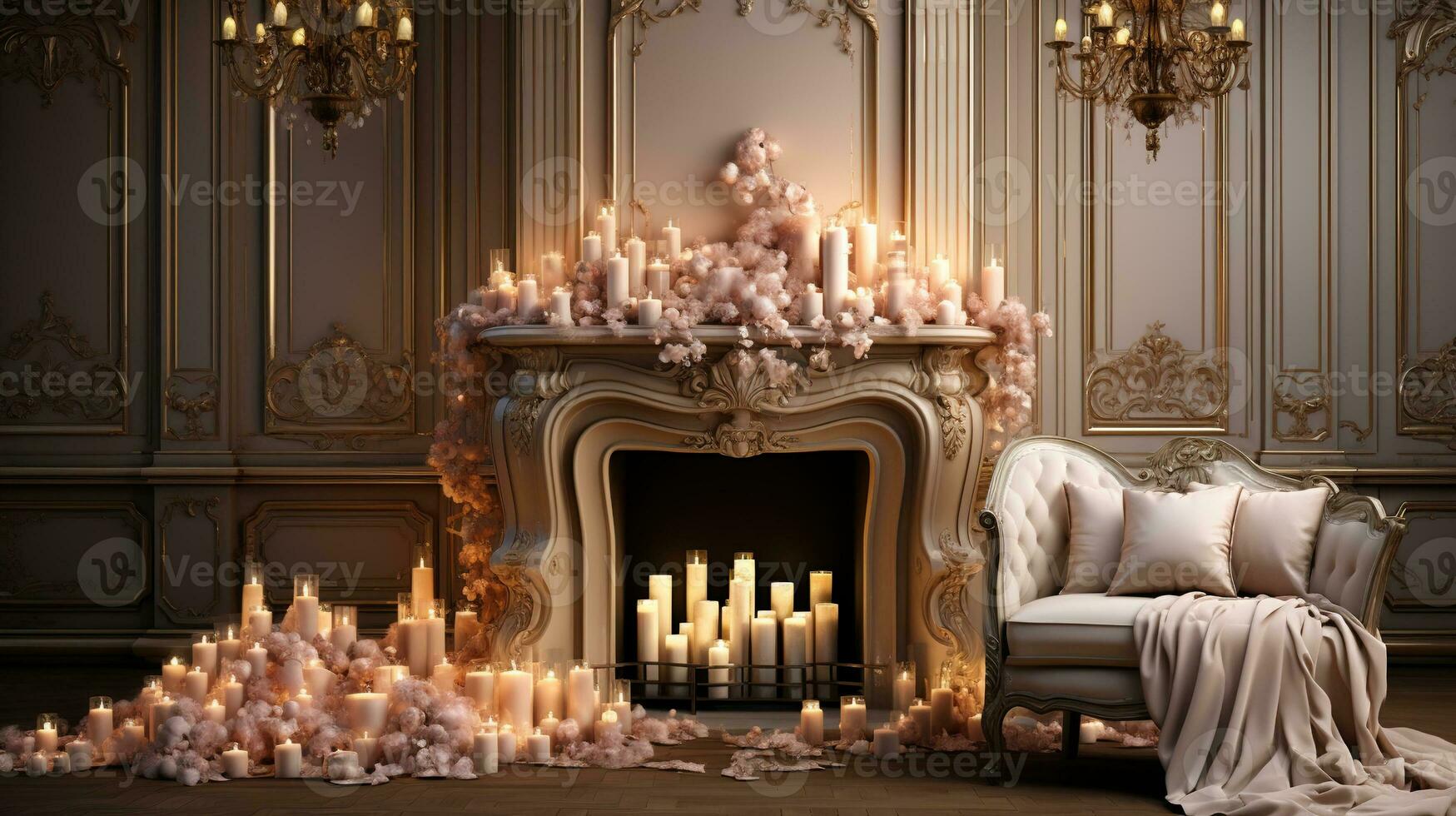 Generative AI, Luxury beige interior with Christmas golden and white decoration photo