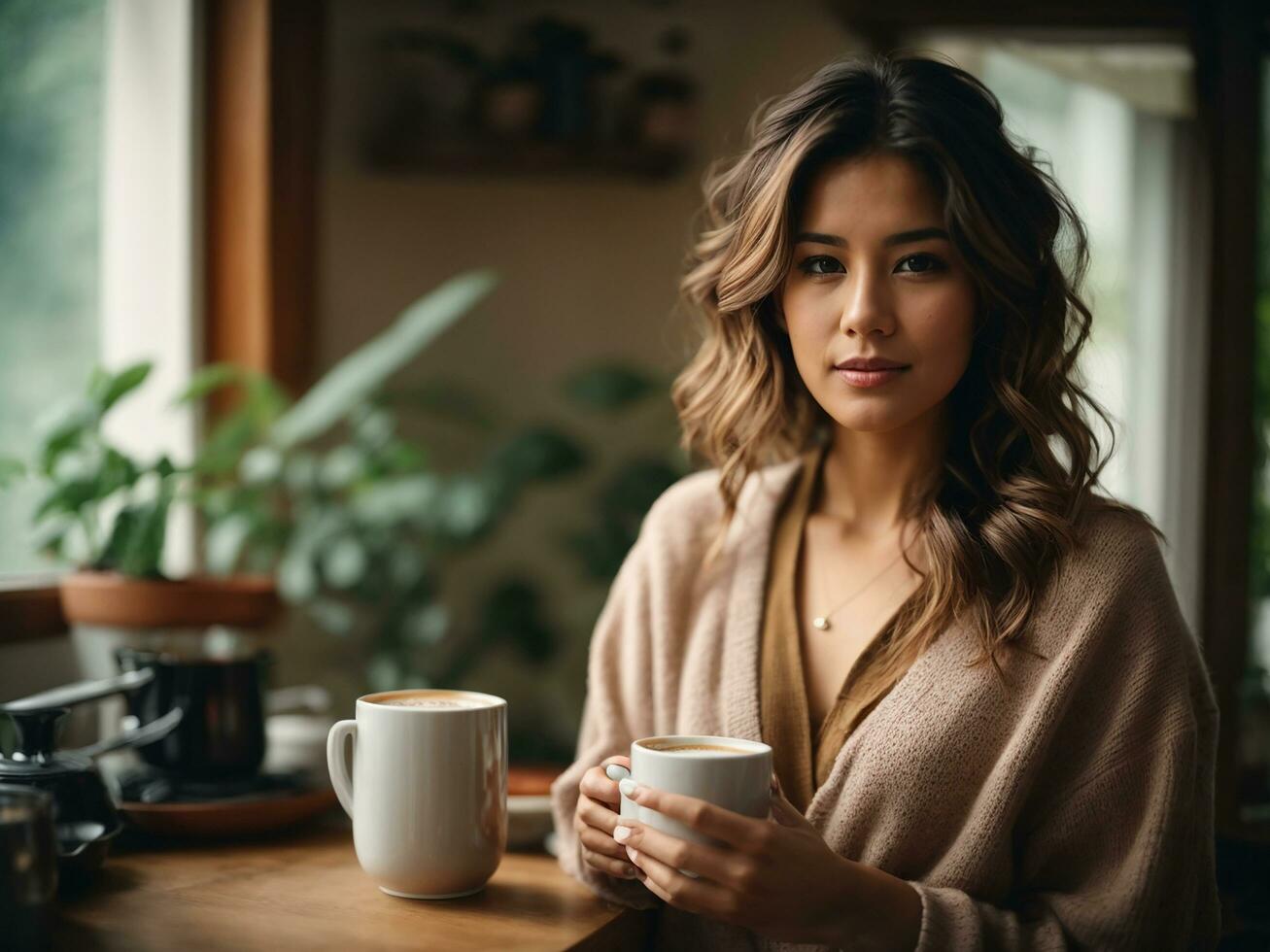 hermosa mujer participación un taza de café en el mañana, joven mujer en un acogedor casa con caliente beber. ai generativo foto