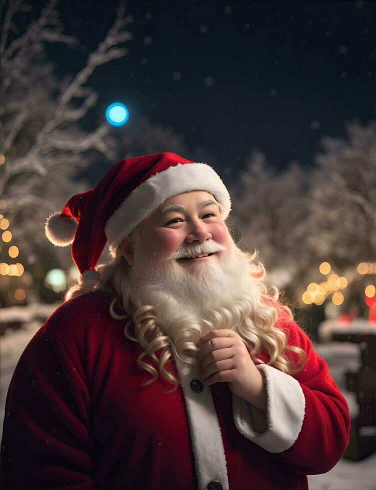 ai generativo Papa Noel claus disfruta siendo con niños en el bendito Navidad víspera foto