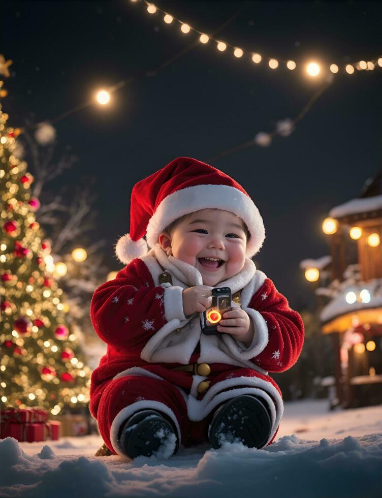 ai generative, Cute kid in Santa Claus costume on blurred snowy Christmas eve background photo