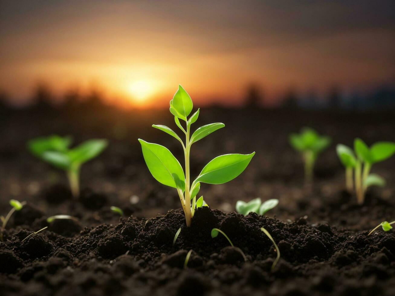 Green sprouts in dark soil against a blurred background symbolize growth and potential with the beautiful sunset. AI generated. photo