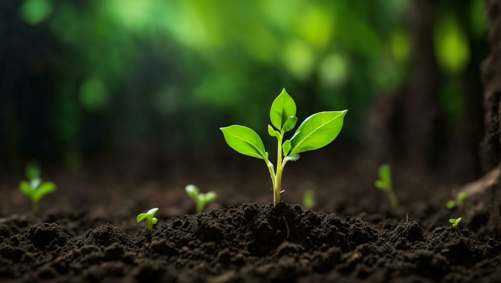 Green sprouts in dark soil against a blurred background symbolize growth and potential. AI generated. photo