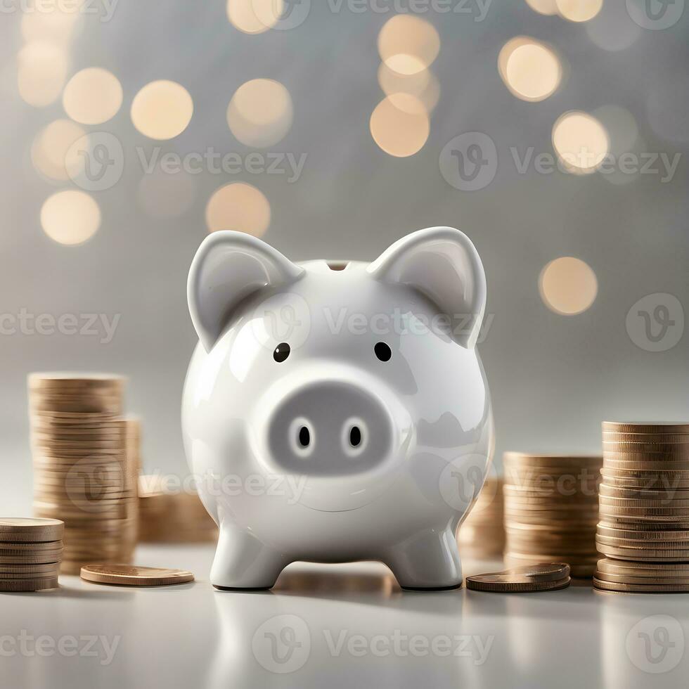 inspiration for saving money, putting coins in a white piggy bank. ai generative photo