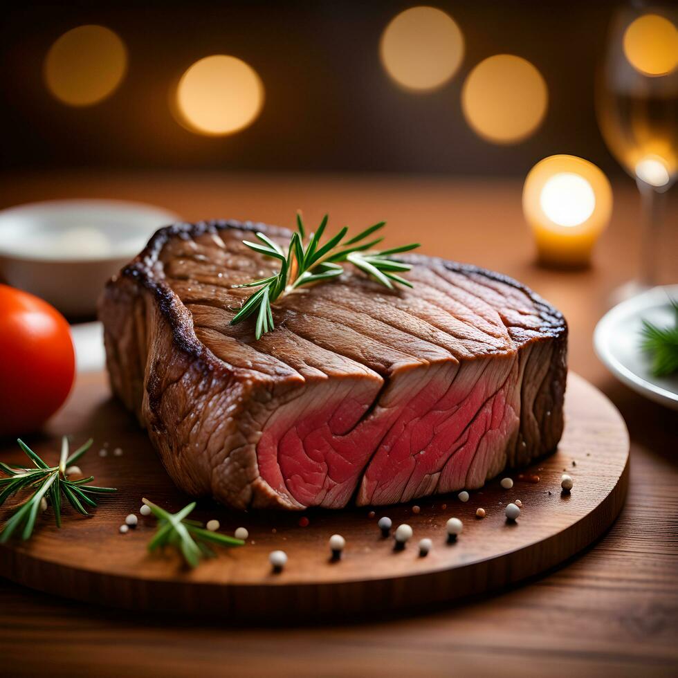 A Perfectly Cooked Steak on wooden table. Ai generative photo