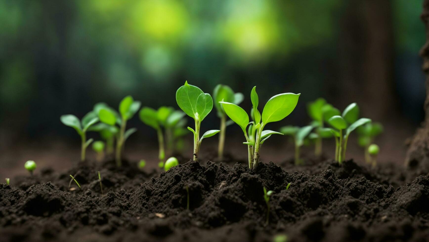 Green sprouts in dark soil against a blurred background symbolize growth and potential. AI generated. photo