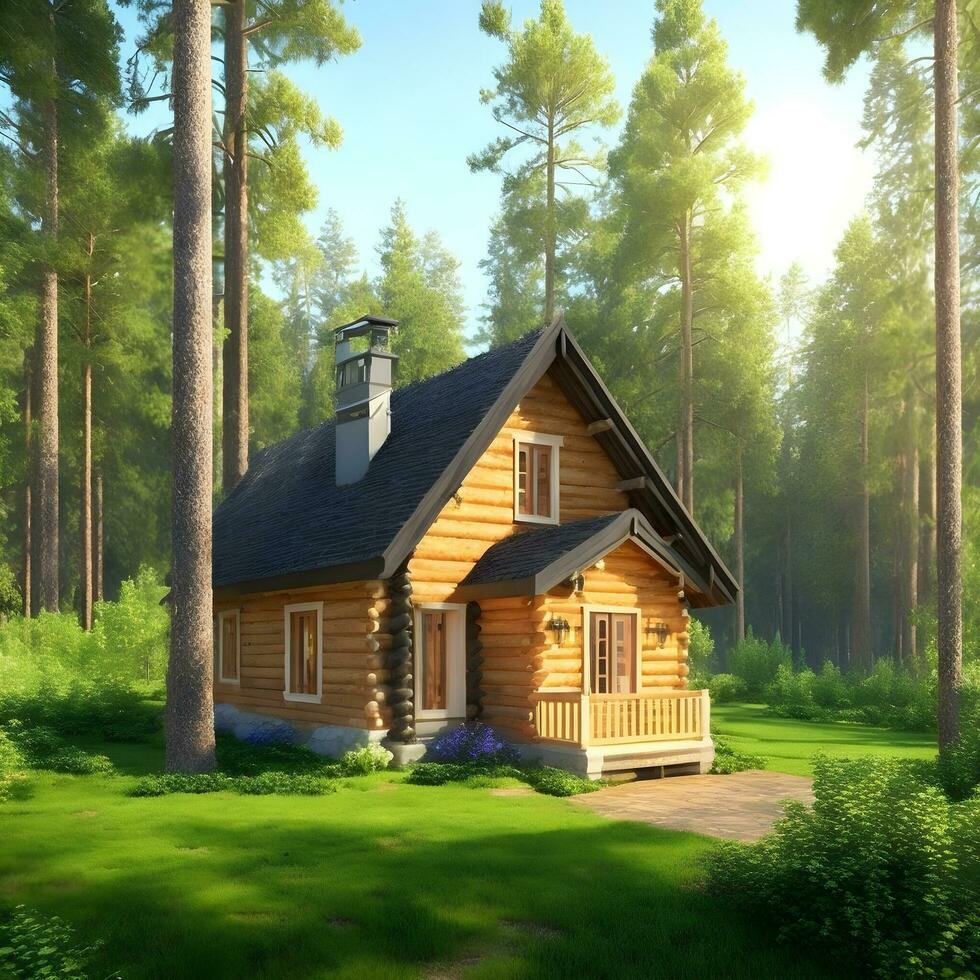 Wooden beam log house amidst the lush forest. AI generated. photo