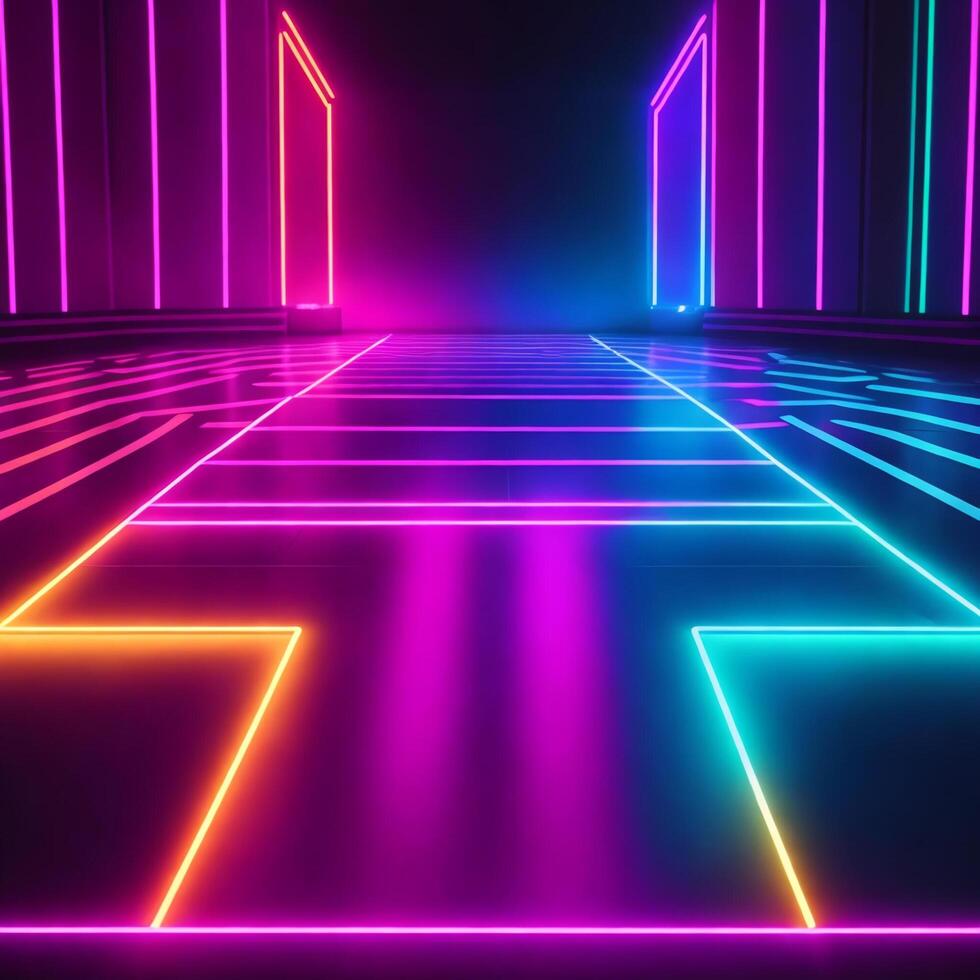 Abstract neon lights background with laser rays, and glowing lines stage. . photo