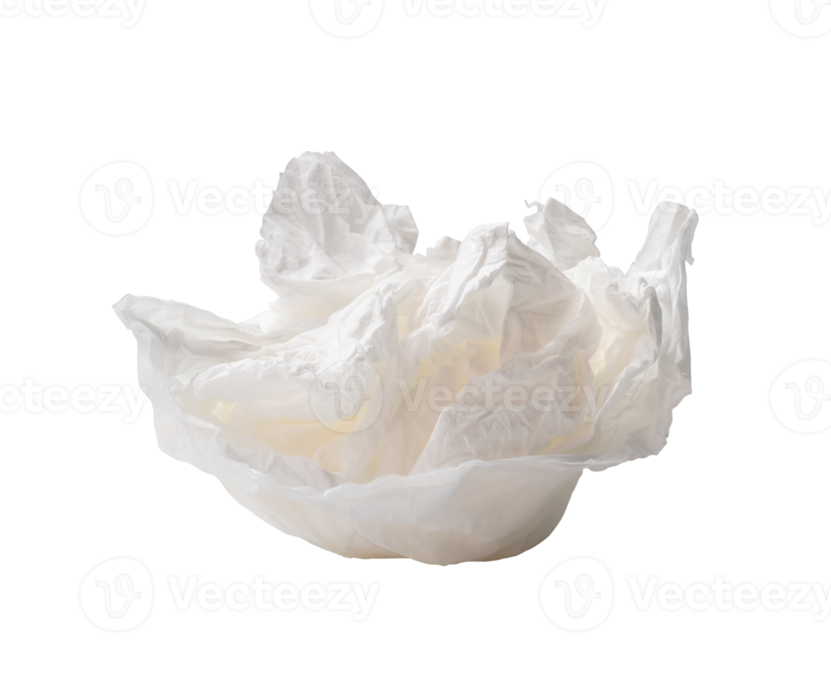 Single screwed or crumpled tissue paper or napkin in strange shape after use in toilet or restroom isolated with clipping path in png file format