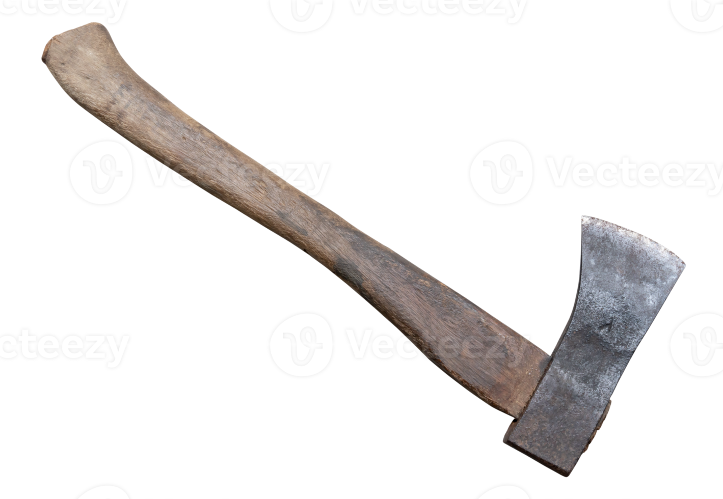 Old rust dirty dark gray axe with brown wooden handle isolated with clipping path in png file format