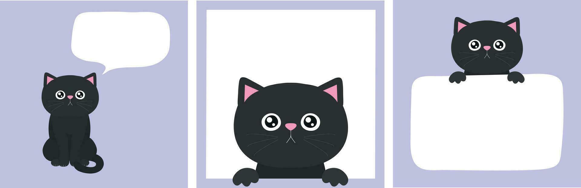 Cute black kitten set in frame with copy space. Black cat holding empty paper. Cat with a speech bubble. Kawaii cartoon character with whiskers and paws. Vector art
