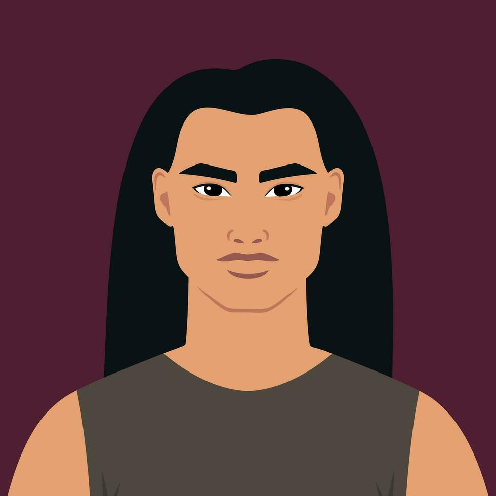 Young indigenous man in a shirt. Portrait of native American ethnicity. Full face abstract male avatar in flat style. Vector art
