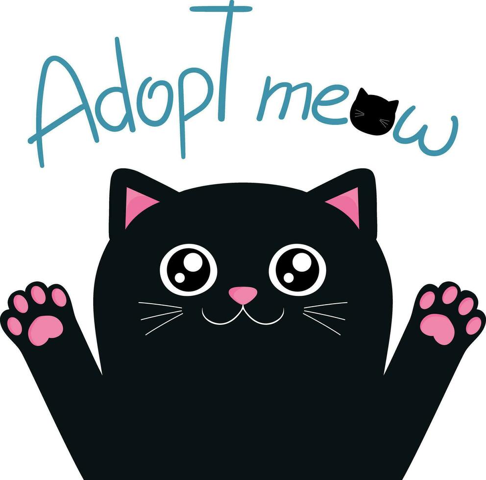 Cute black cat isolated on white background with hand drawn phrase Adopt meow. Adopt a pet concept. Vector illustration