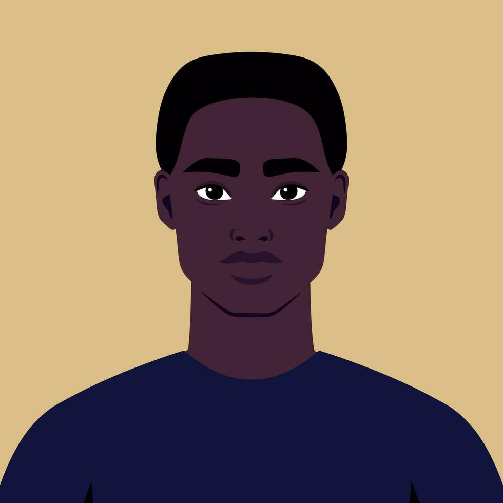 Young African man portrait. Abstract guy or a student. Full face abstract male avatar in flat style. Vector art