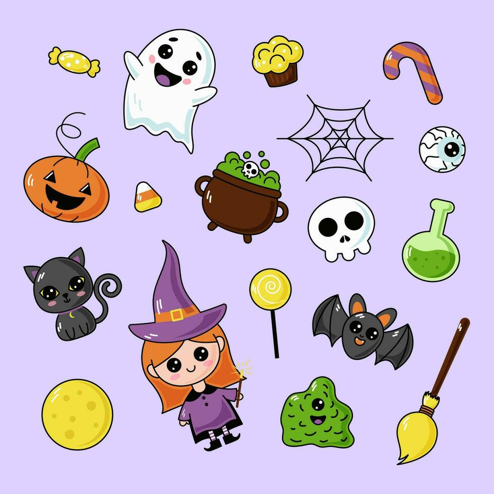 Cute kids Halloween set. Happy pumpkin, funny cat character, creepy ghost, skull, web, cauldron, candy and bat. October holiday stickers, design elements bundle. Isolated flat vector illustrations