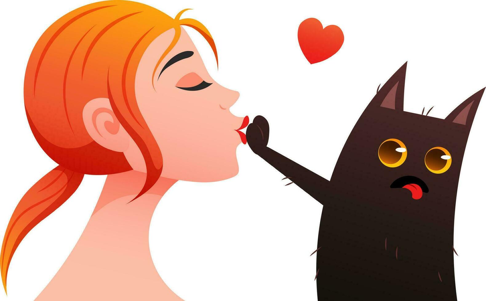 Funny black cat pushes away kissing woman. Owner and his black cat. Vector illustration for funny postcards