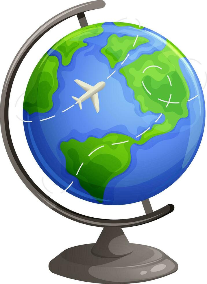 Airplane flies around the globe, planet Earth. Vector illustration, concept for travel and flights