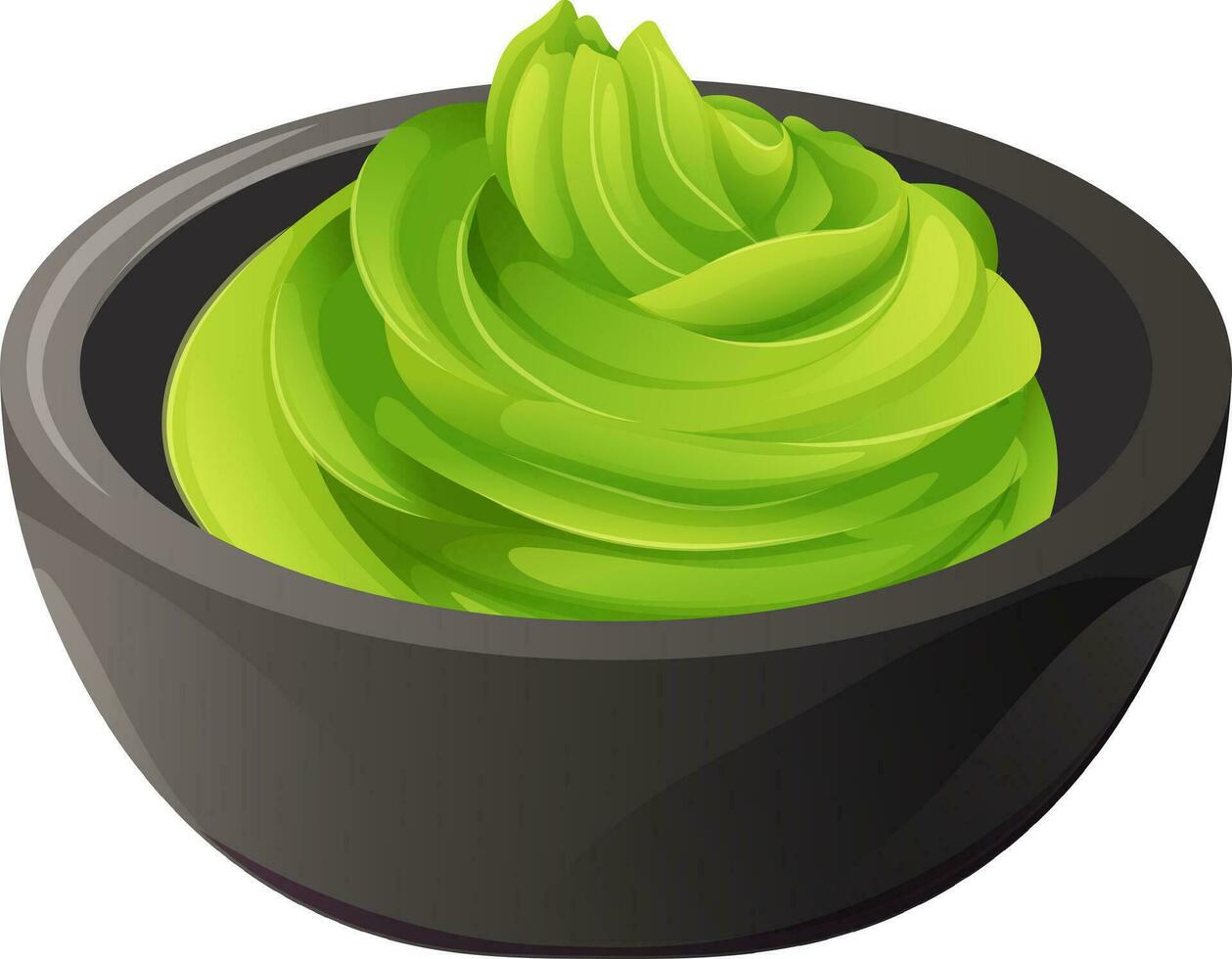 Bright green wasabi in black dishes. Vector illustration of spicy Asian dish on transparent background