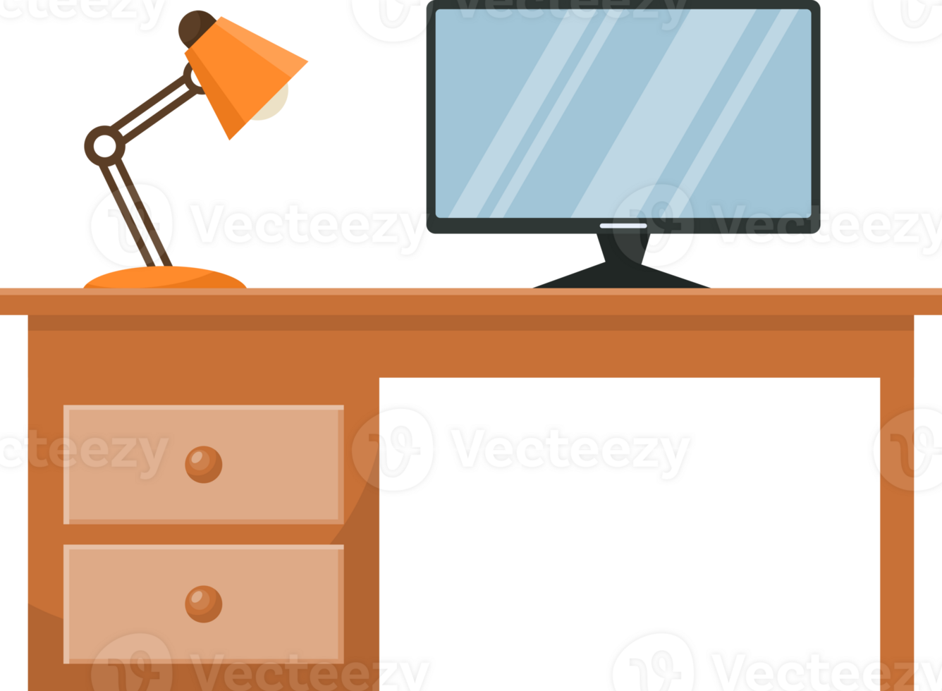 Office desk with a computer and a lamp png