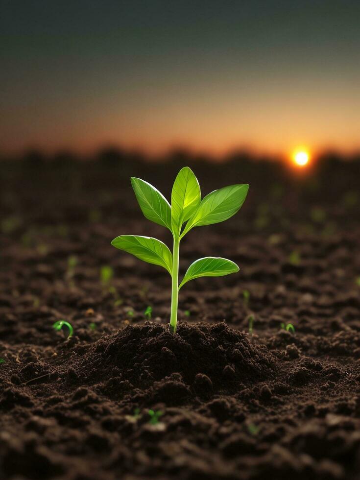 Green sprouts in dark soil against a blurred background symbolize growth and potential with the beautiful sunset. AI generated. photo