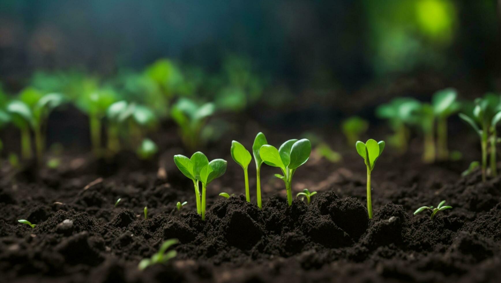 Green sprouts in dark soil against a blurred background symbolize growth and potential. AI generated. photo