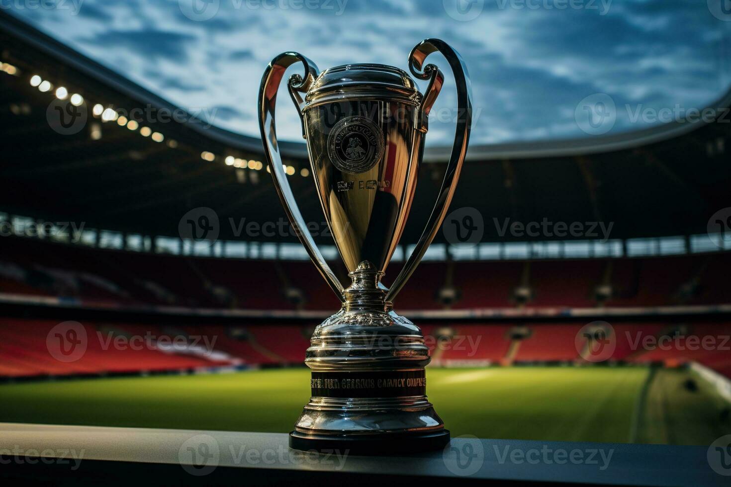 Gold Cup of the World Cup winner against the backdrop of the stadium. Sports concept. photo