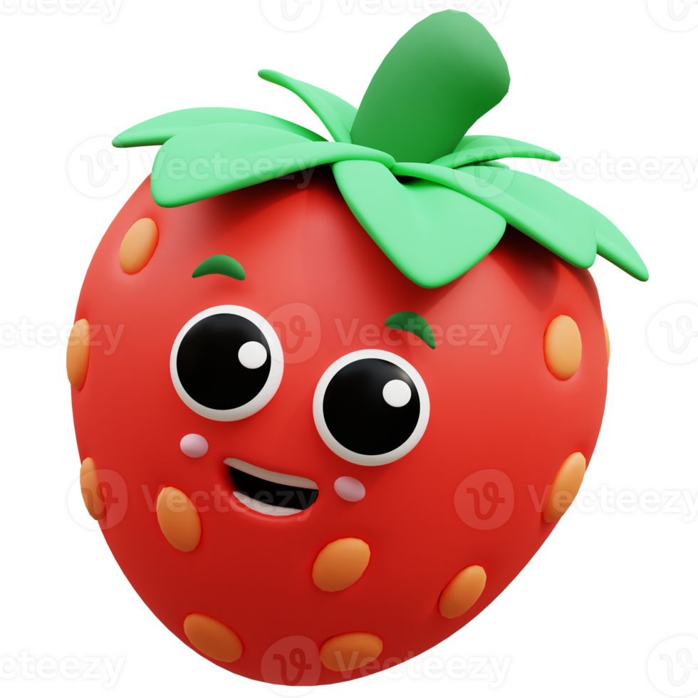 3d rendering on kawaii strawberry fruit mascot illustration png