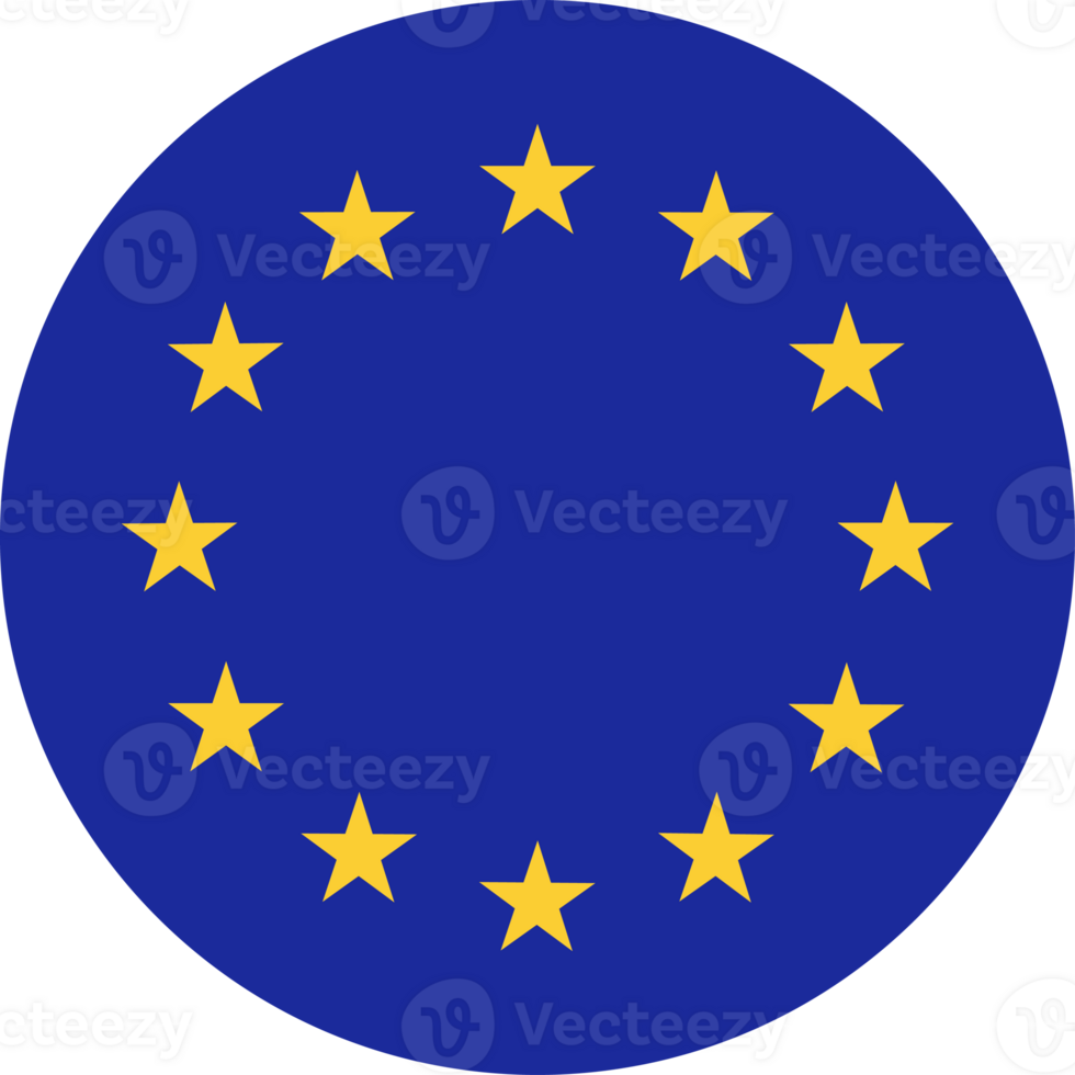 European Union round flag. EU flag, yellow stars on blue circle. European Union flag push button. png