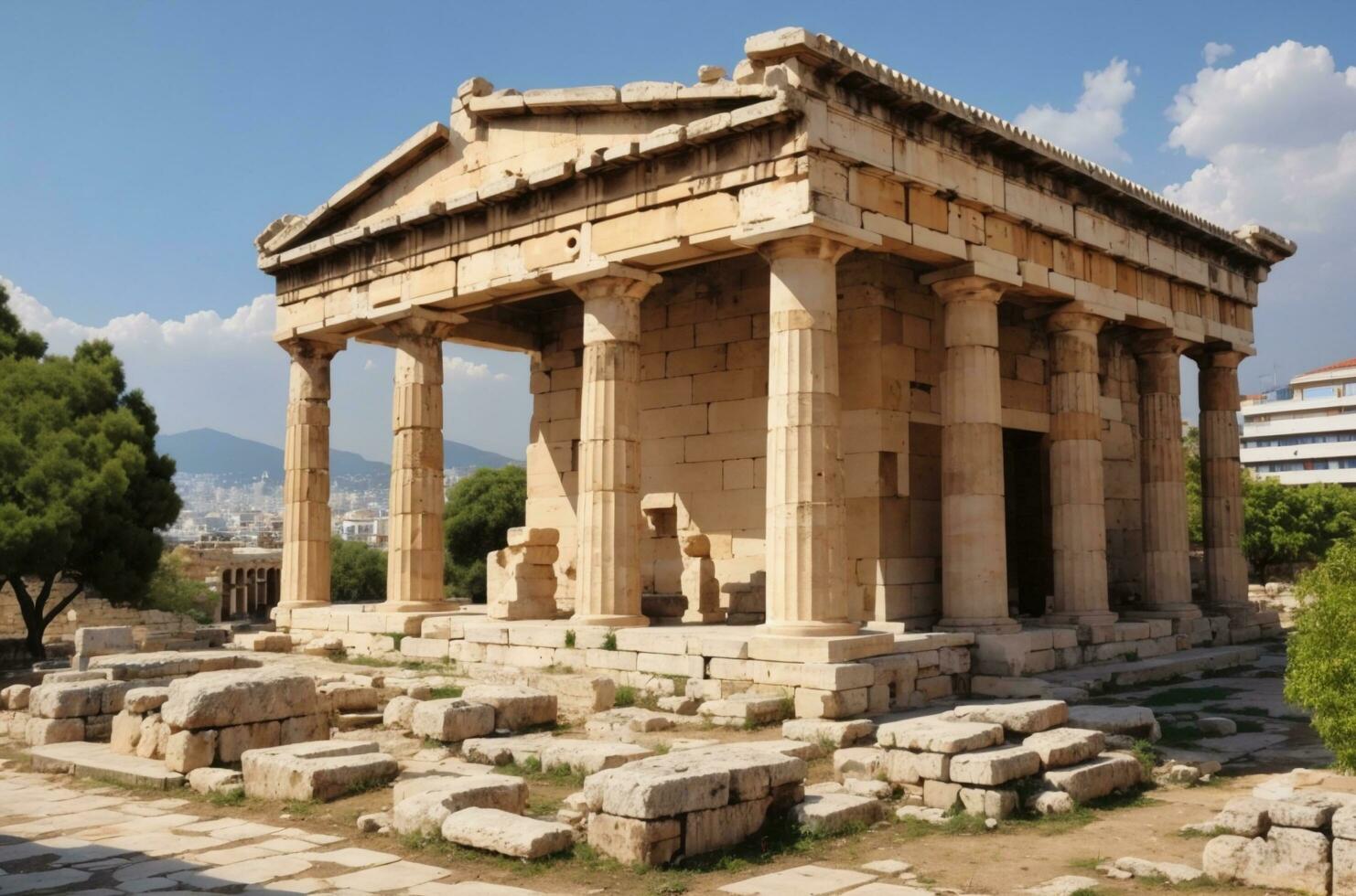 Ancient construction in Athens, Ancient Agora of Athens in Greece beautiful sunset. AI generated. photo