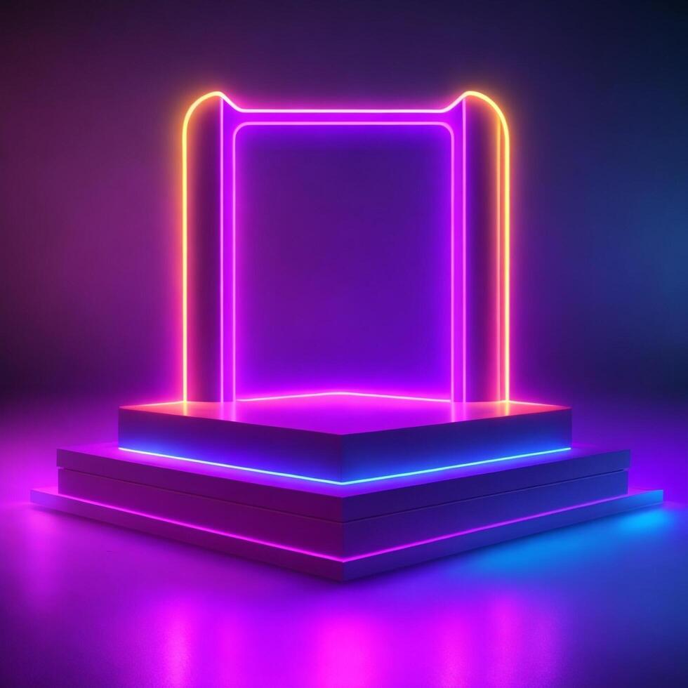 Blue pink violet neon abstract background, ultraviolet light, night club empty room interior. . photo