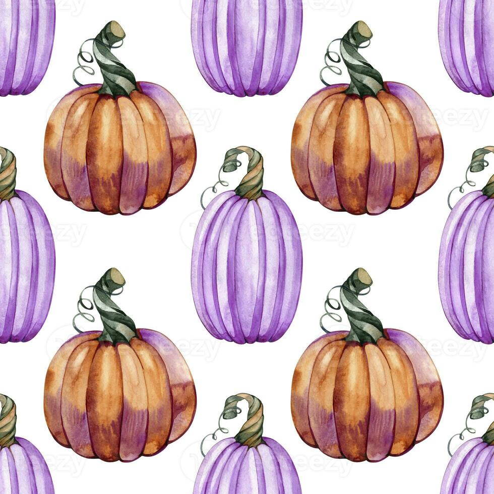 Halloween watercolor seamless pattern, autumn holiday, orange and violet pumpkins, hand drawing design, fall wrapping paper, happy halloween textile design photo