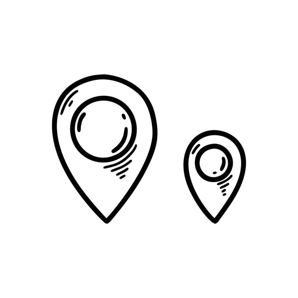 Big and small doodle location pin icons. Hand drawn sketch gps location marker. Travel navigation pointer. vector