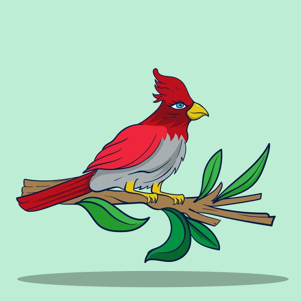 Red bird perched on a tree branch in a tropical jungle vector cartoon illustration