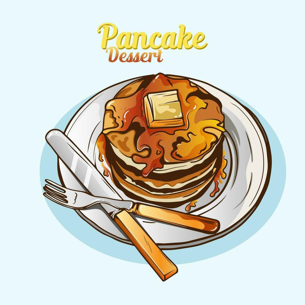 Hand drawn vintage Dessert Delicious fluffy pancake with Maple Syrup and Butter ads for element design poster, promotion vector