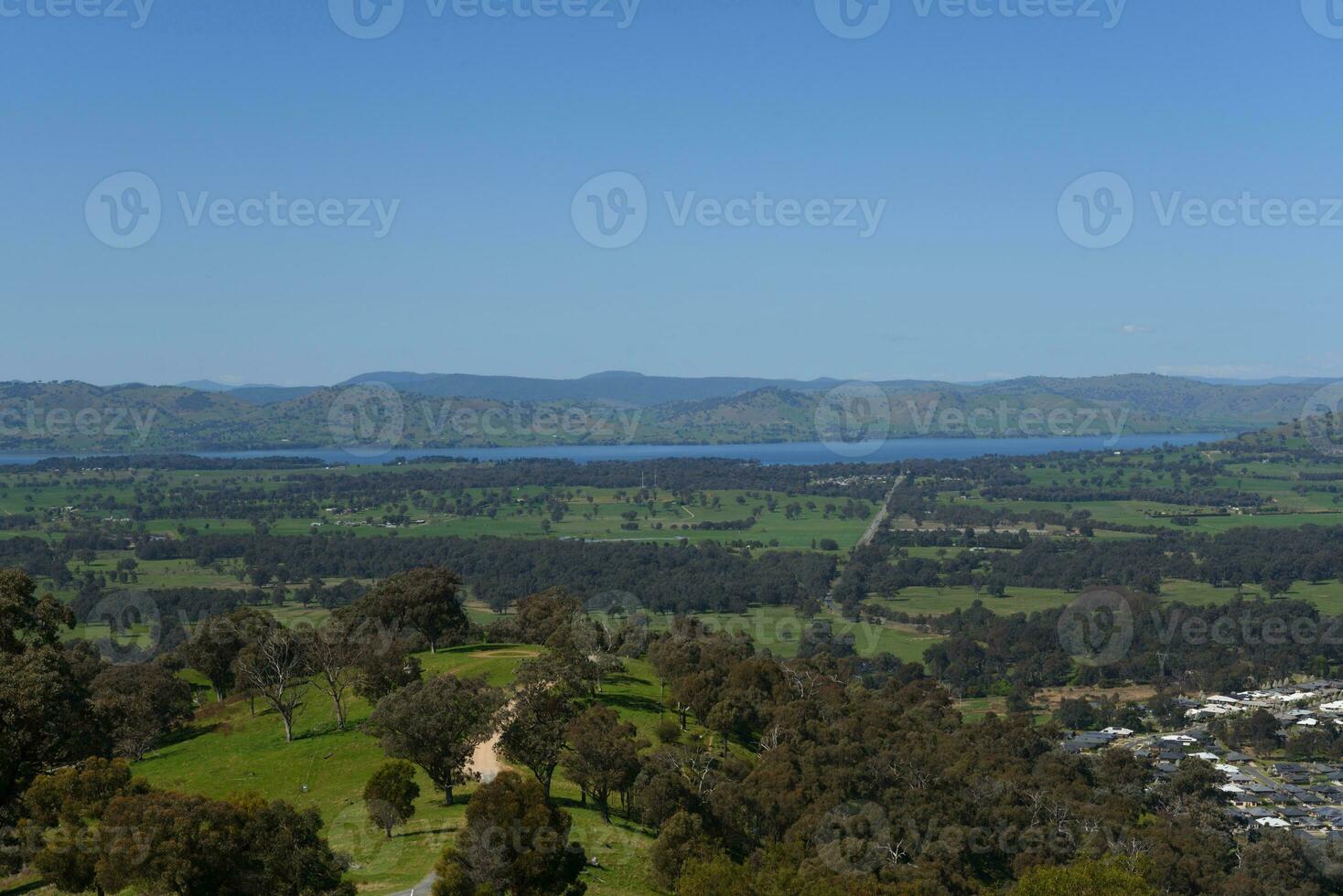 Huon hill lookout Parklands spectacular views of Lake Hume, the Kiewa Valley, the Alpine Region, Murray and Kiewa Rivers, and Albury and Wodonga cities in Victoria, Australia. photo