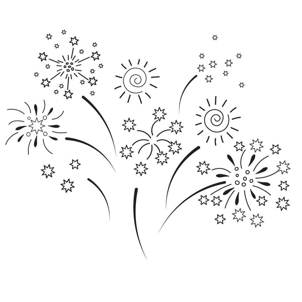 Fireworks explosive sparks hand drawn lights in the sky with stars and flare vector illustration on isolated background. Design element with firecracker for festive event, celebration, congratulation