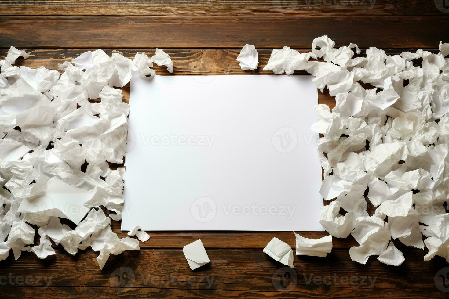 blanco sábana de papel en un de madera mesa y muchos estropeado hojas alrededor. del escritor bloquear o del escritor bloquear concepto. ver desde encima foto