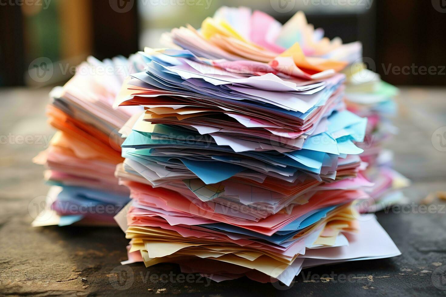 A bunch of colorful old papers. Collection and recycling of waste paper photo