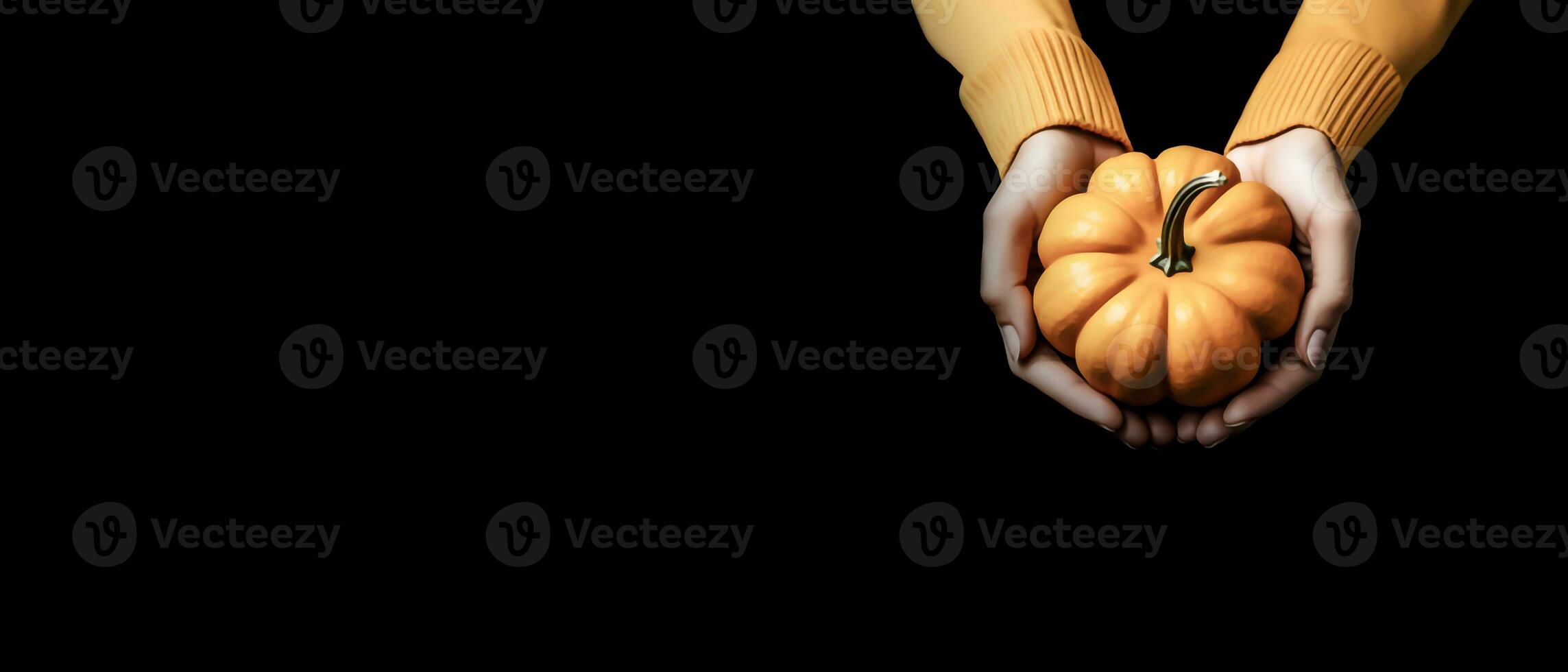 Hands holding a pumpkin on a black background with copy space. Halloween concept. Generative AI. photo