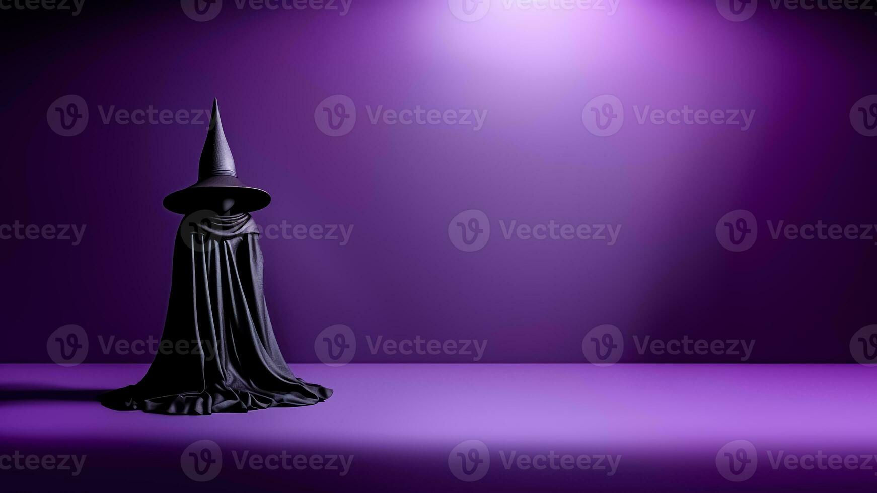 A black witch mannequin on purple background with copy space. Halloween decoration. Halloween concept. Generative AI. photo