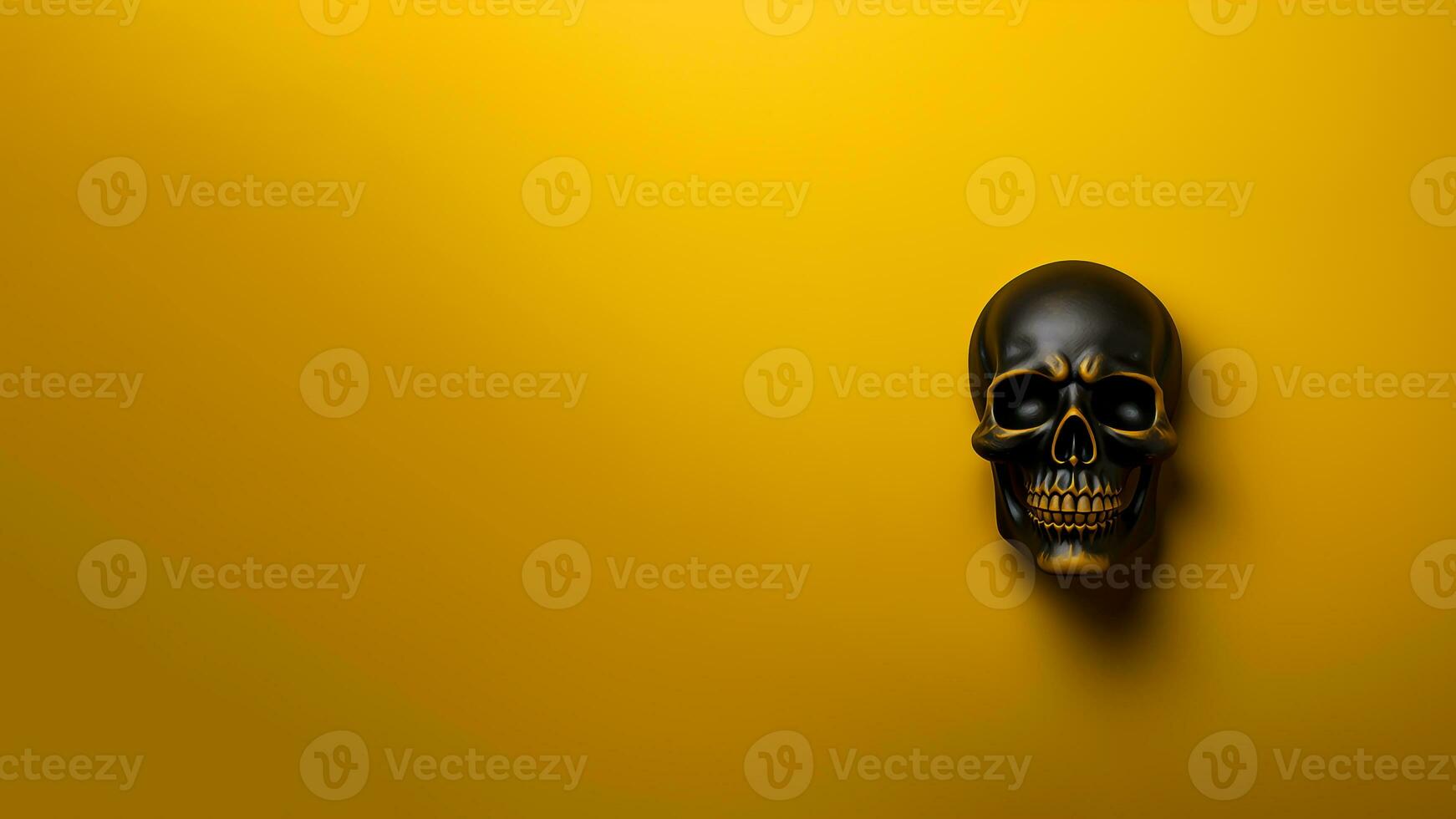 Skull on yellow background with copy space. Minimalist halloween concept. Generative AI. photo