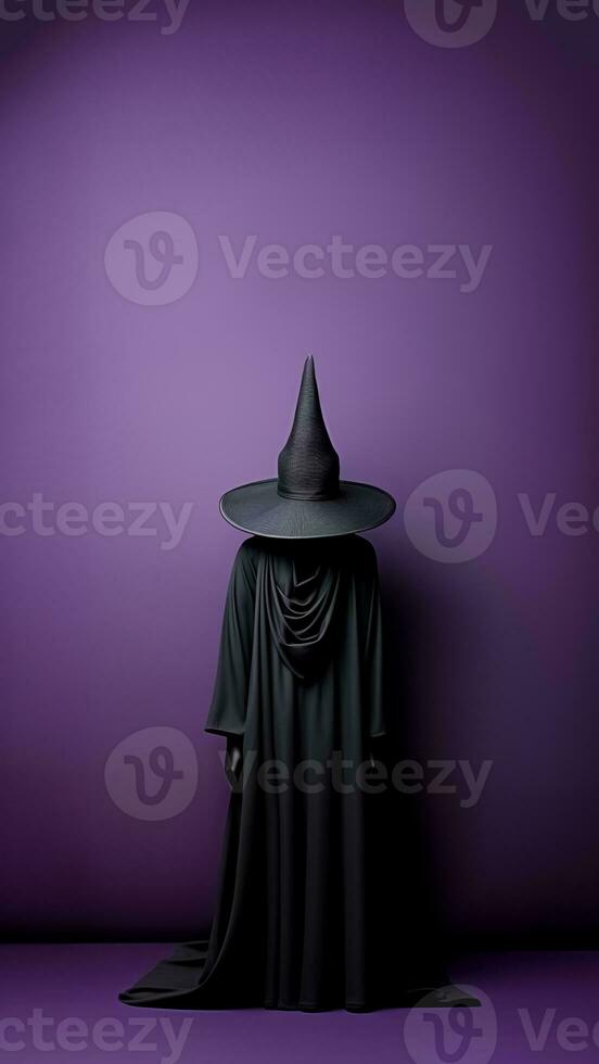 A black witch mannequin on purple background with copy space. Halloween decoration. Halloween concept. Generative AI. photo