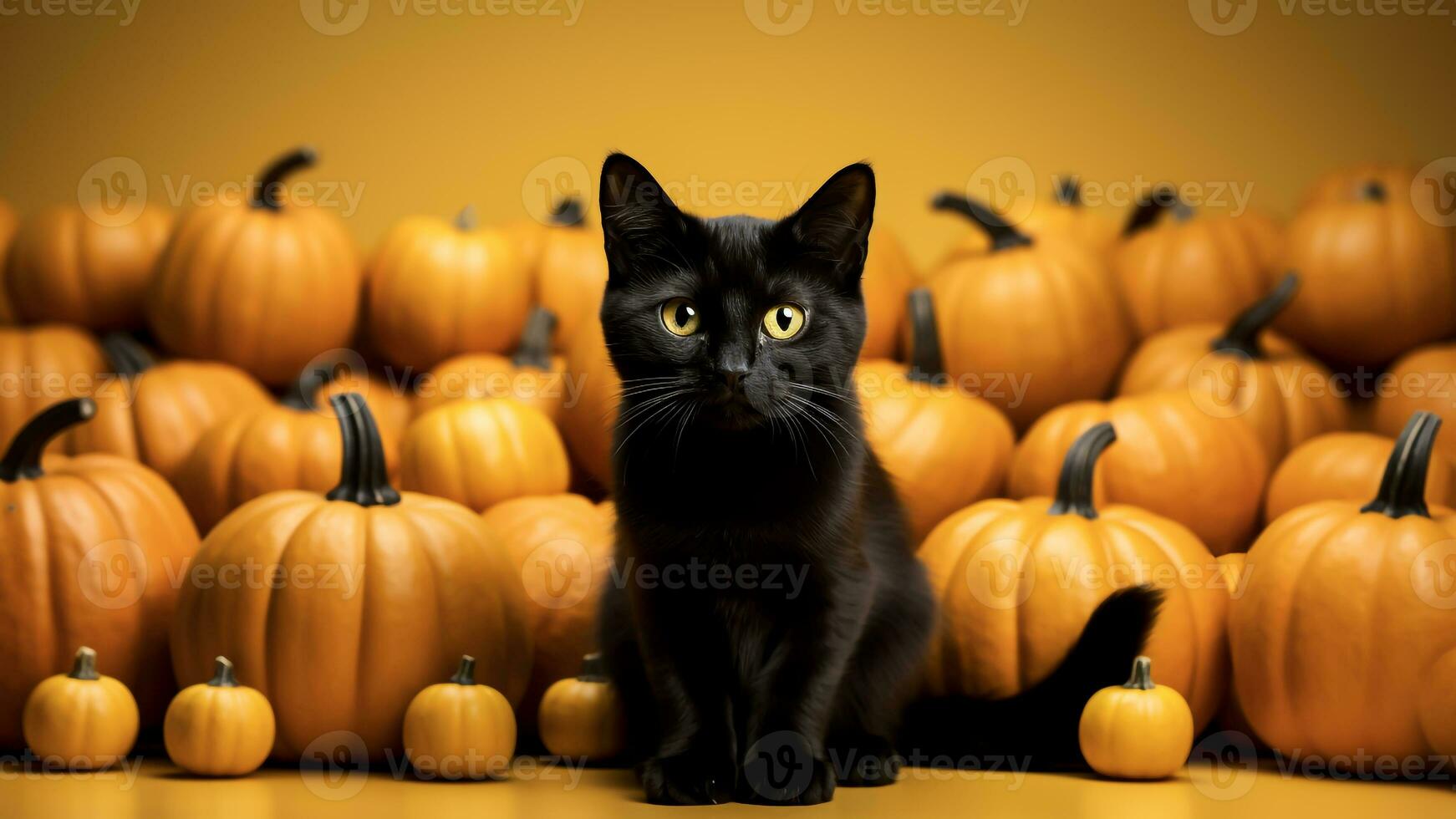 Black cat sitting in a row of orange pumpkins with yellow background. Halloween concept. Generative AI. photo