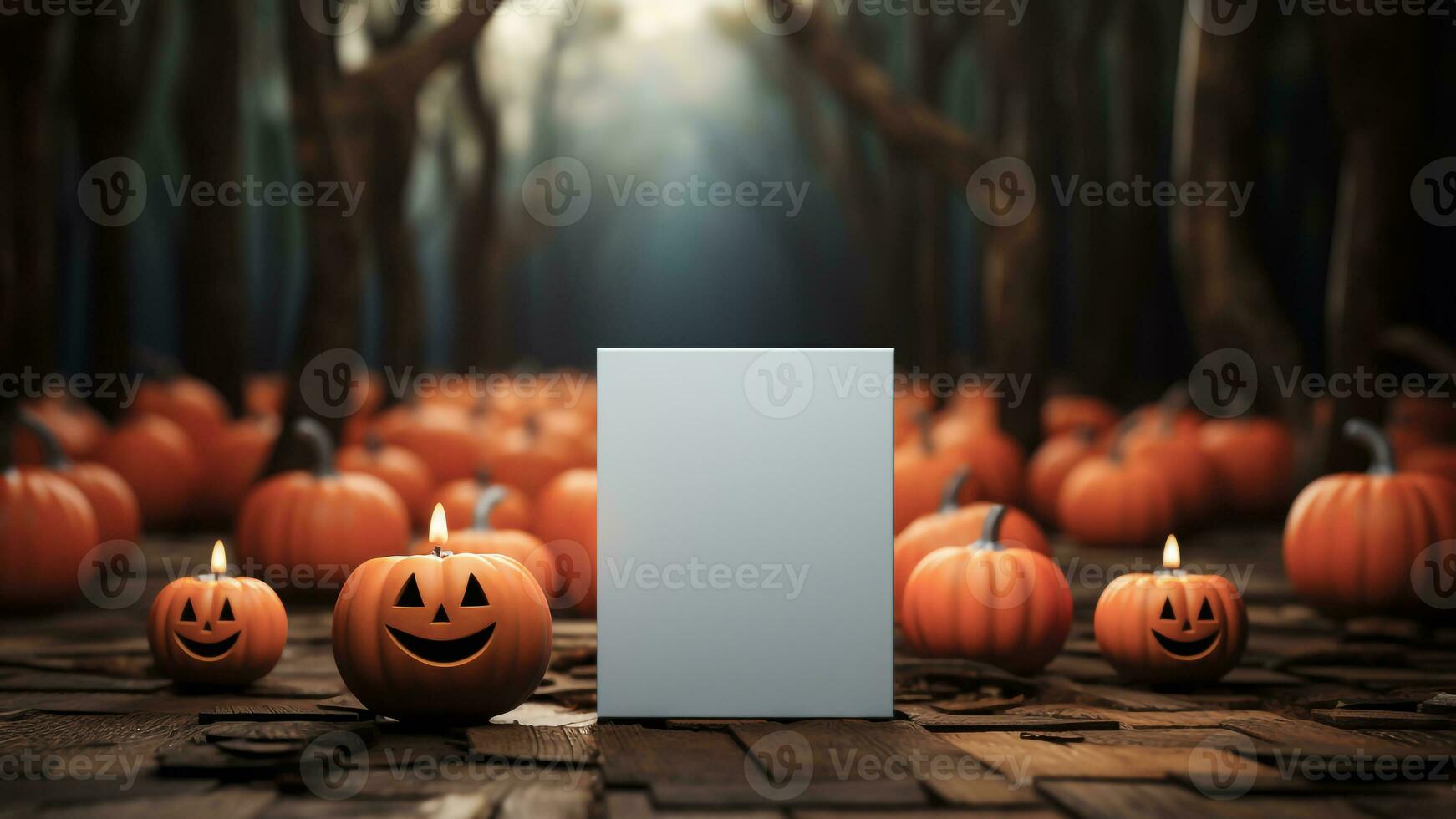 Halloween background with pumpkins and blank card. Halloween concept. Generative AI. photo