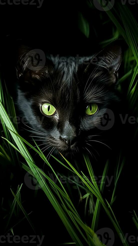 negro gato con verde ojos en el césped en un negro antecedentes. Víspera de Todos los Santos concepto. generativo ai. foto