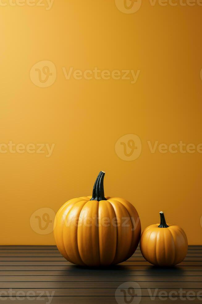 Two orange pumpkins on a wooden floor on orange background with copy space. Halloween concept. Generative AI. photo