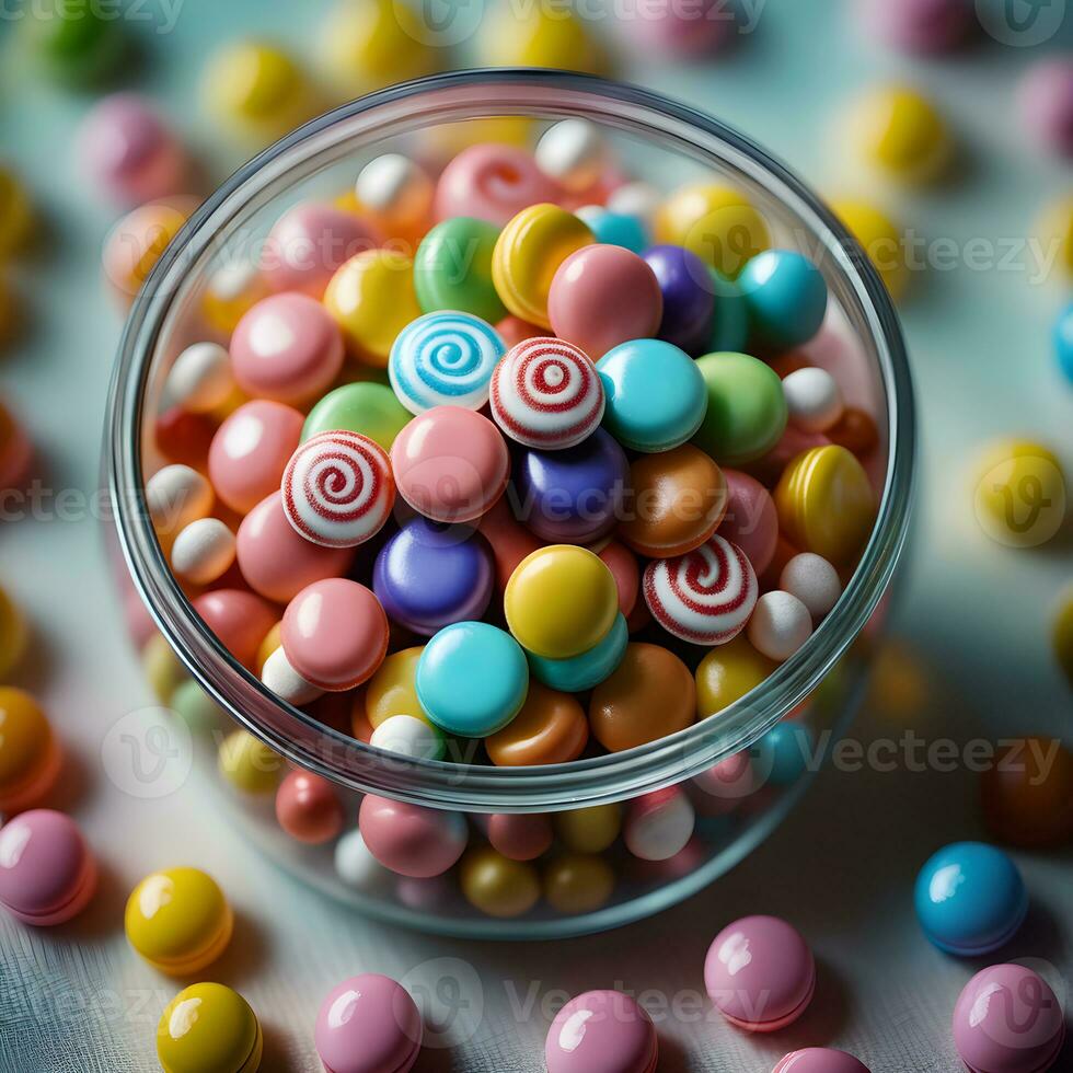 Candy of various colors in a beautiful container. Ai generative photo