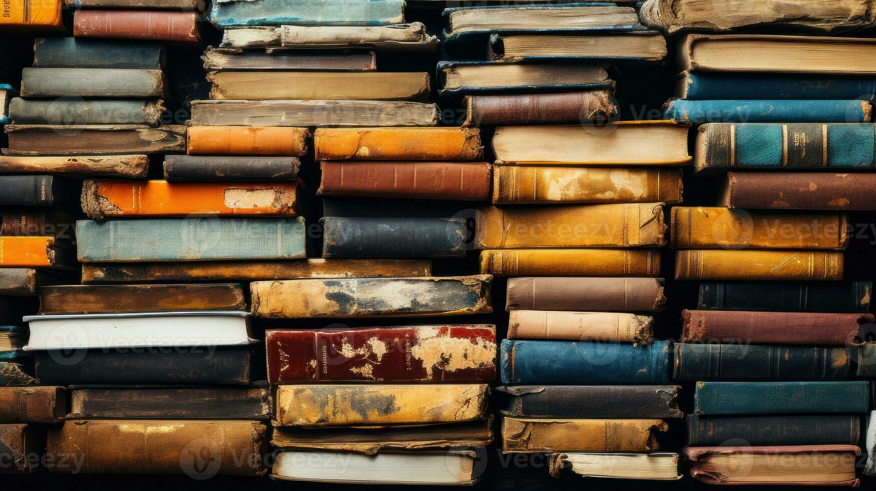 Pile of old books on a shelf in a bookstore or library. photo