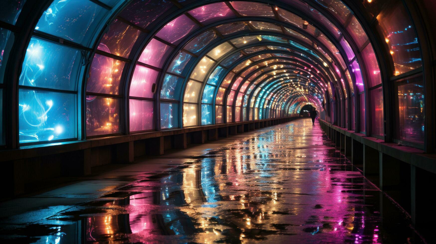 Futuristic corridor with neon lights and reflections in the water. photo